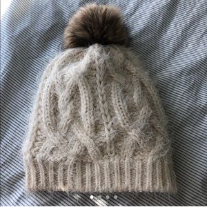 EYEFUL cream fleece lined knit hat with pom pom